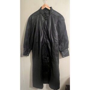 vintage ambience trench black leather womencoat pleated sleeves-tapered cuffs
